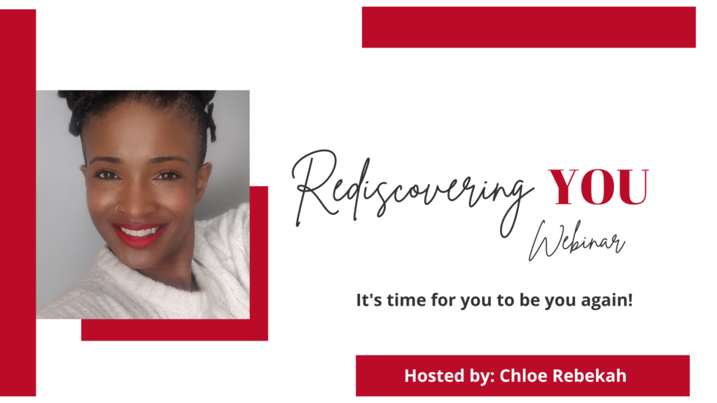 a photo of webinar host chloe rebekah and name of webinar rediscovering you in brand colours red and white