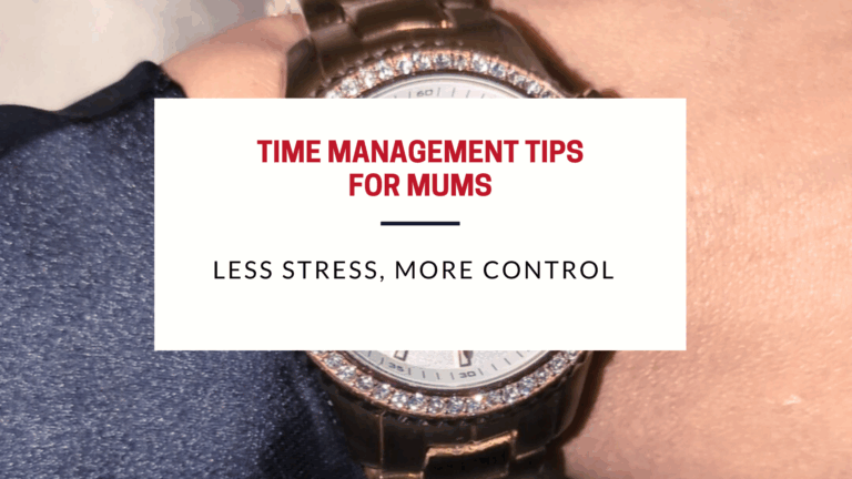 watch on wrist with text box displaying time management tips for mums less stress more control